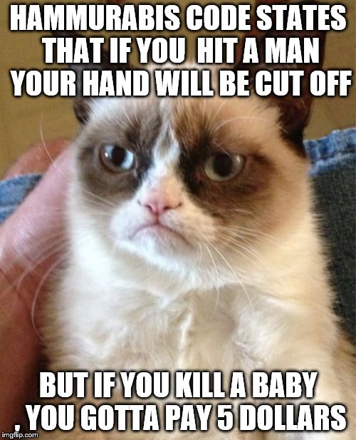 Grumpy Cat | HAMMURABIS CODE STATES THAT IF YOU  HIT A MAN YOUR HAND WILL BE CUT OFF; BUT IF YOU KILL A BABY , YOU GOTTA PAY 5 DOLLARS | image tagged in memes,grumpy cat | made w/ Imgflip meme maker