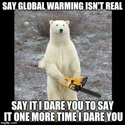 Chainsaw Bear Meme | SAY GLOBAL WARMING ISN'T REAL; SAY IT I DARE YOU TO SAY IT ONE MORE TIME I DARE YOU | image tagged in memes,chainsaw bear | made w/ Imgflip meme maker