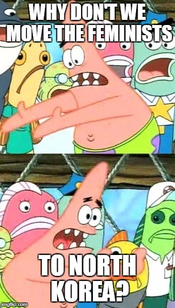 Put It Somewhere Else Patrick | WHY DON'T WE MOVE THE FEMINISTS; TO NORTH KOREA? | image tagged in memes,put it somewhere else patrick | made w/ Imgflip meme maker