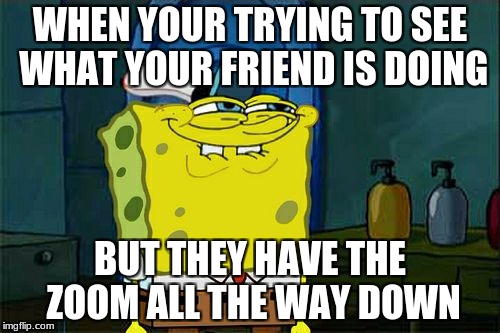 Don't You Squidward | WHEN YOUR TRYING TO SEE WHAT YOUR FRIEND IS DOING; BUT THEY HAVE THE ZOOM ALL THE WAY DOWN | image tagged in memes,dont you squidward | made w/ Imgflip meme maker
