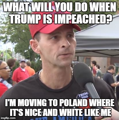 Trump supporter | WHAT WILL YOU DO WHEN TRUMP IS IMPEACHED? I'M MOVING TO POLAND WHERE IT'S NICE AND WHITE LIKE ME | image tagged in trump supporter | made w/ Imgflip meme maker