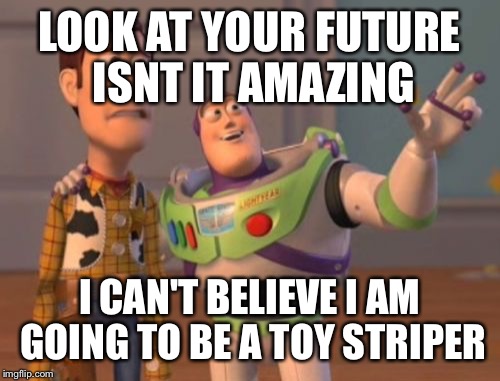 X, X Everywhere | LOOK AT YOUR FUTURE ISNT IT AMAZING; I CAN'T BELIEVE I AM GOING TO BE A TOY STRIPER | image tagged in memes,x x everywhere | made w/ Imgflip meme maker