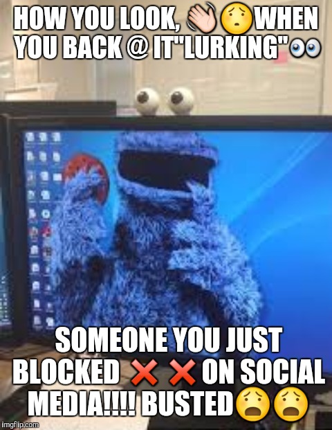 Blockers | HOW YOU LOOK, 👋😯WHEN YOU BACK @ IT"LURKING"👀; SOMEONE YOU JUST BLOCKED ❌❌ON SOCIAL MEDIA!!!! BUSTED😧😧 | image tagged in cookie monster | made w/ Imgflip meme maker