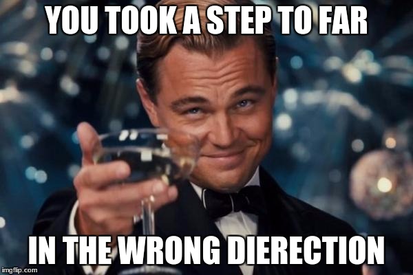 Leonardo Dicaprio Cheers Meme | YOU TOOK A STEP TO FAR; IN THE WRONG DIERECTION | image tagged in memes,leonardo dicaprio cheers | made w/ Imgflip meme maker