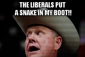 Snake in my boot | THE LIBERALS PUT A SNAKE IN MY BOOT!! | image tagged in roy moore,toy story | made w/ Imgflip meme maker