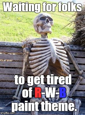 Americans. And their deplorable patriotism. Getting in the way of sensible globalism for over one hundred years. | Waiting for folks to get tired of R-W-B paint theme. R B | image tagged in waiting skeleton,red white  blue,deplorable,patriotism,douglie,globalism | made w/ Imgflip meme maker