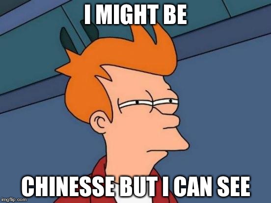 Futurama Fry | I MIGHT BE; CHINESSE BUT I CAN SEE | image tagged in memes,futurama fry | made w/ Imgflip meme maker