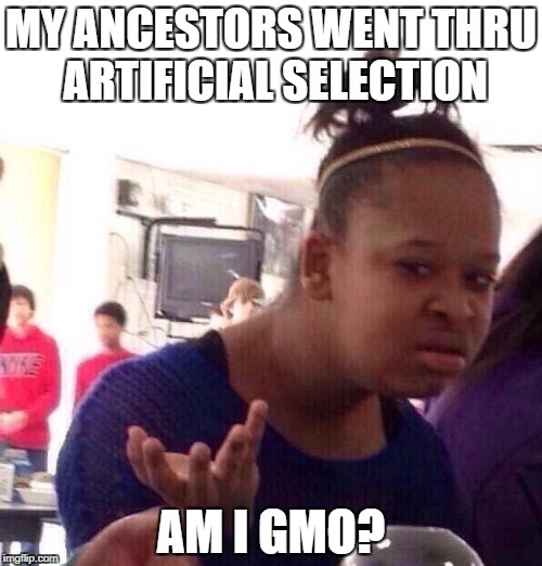 Black Girl Wat | MY ANCESTORS WENT THRU ARTIFICIAL SELECTION; AM I GMO? | image tagged in memes,black girl wat,gmo,science,evolution,race | made w/ Imgflip meme maker