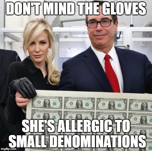 Mnuchin Minted | DON'T MIND THE GLOVES; SHE'S ALLERGIC TO SMALL DENOMINATIONS | image tagged in mnuchin minted | made w/ Imgflip meme maker