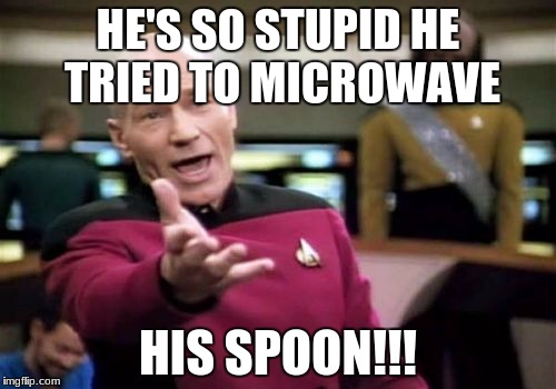 Picard Wtf Meme | HE'S SO STUPID HE TRIED TO MICROWAVE; HIS SPOON!!! | image tagged in memes,picard wtf | made w/ Imgflip meme maker