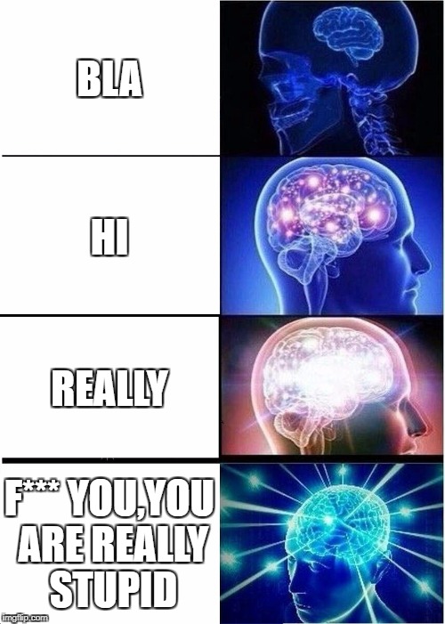 Expanding Brain Meme | BLA; HI; REALLY; F*** YOU,YOU ARE REALLY STUPID | image tagged in memes,expanding brain | made w/ Imgflip meme maker