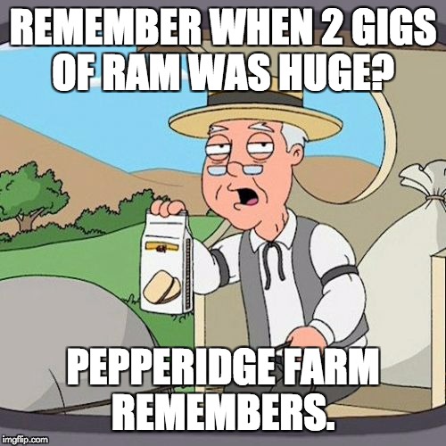 Pepperidge Farm Remembers Meme | REMEMBER WHEN 2 GIGS OF RAM WAS HUGE? PEPPERIDGE FARM REMEMBERS. | image tagged in memes,pepperidge farm remembers | made w/ Imgflip meme maker