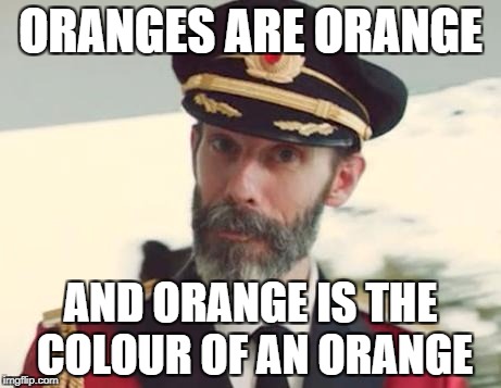 What came first, the colour or the fruit? | ORANGES ARE ORANGE; AND ORANGE IS THE COLOUR OF AN ORANGE | image tagged in memes,captain obvious,funny,bad puns,dank memes,hilarious | made w/ Imgflip meme maker