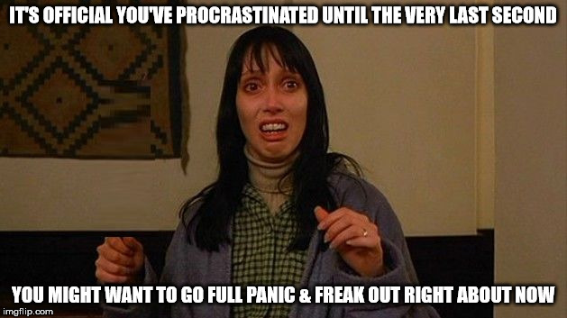 Procrastination | IT'S OFFICIAL YOU'VE PROCRASTINATED UNTIL THE VERY LAST SECOND; YOU MIGHT WANT TO GO FULL PANIC & FREAK OUT RIGHT ABOUT NOW | image tagged in panick  freak out,crazy lady,you got that look in your eye,that moment when,procrastination | made w/ Imgflip meme maker
