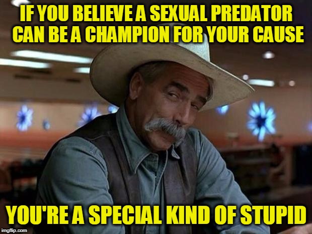 special kind of stupid | IF YOU BELIEVE A SEXUAL PREDATOR CAN BE A CHAMPION FOR YOUR CAUSE; YOU'RE A SPECIAL KIND OF STUPID | image tagged in special kind of stupid | made w/ Imgflip meme maker