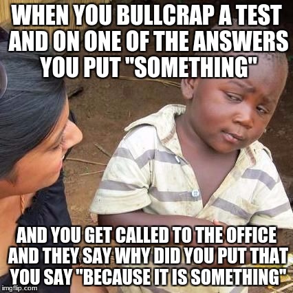 Third World Skeptical Kid | WHEN YOU BULLCRAP A TEST AND ON ONE OF THE ANSWERS YOU PUT ''SOMETHING''; AND YOU GET CALLED TO THE OFFICE AND THEY SAY WHY DID YOU PUT THAT YOU SAY ''BECAUSE IT IS SOMETHING'' | image tagged in third world skeptical kid | made w/ Imgflip meme maker