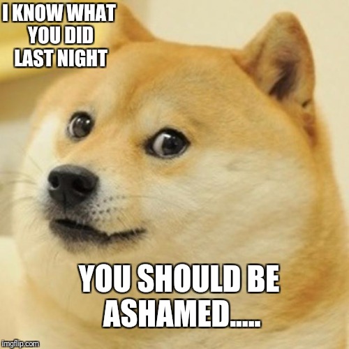 Doge Meme | I KNOW WHAT YOU DID LAST NIGHT; YOU SHOULD BE ASHAMED..... | image tagged in memes,doge | made w/ Imgflip meme maker