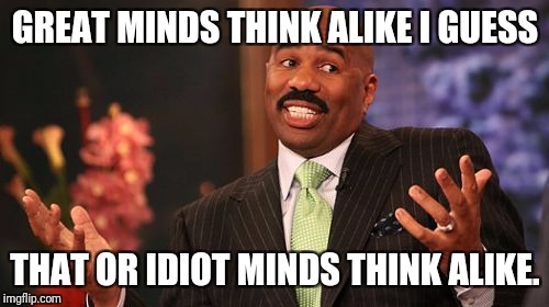 Steve Harvey Meme | GREAT MINDS THINK ALIKE I GUESS THAT OR IDIOT MINDS THINK ALIKE. | image tagged in memes,steve harvey | made w/ Imgflip meme maker