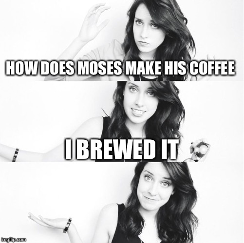 HOW DOES MOSES MAKE HIS COFFEE I BREWED IT | image tagged in bad pun laina 2 | made w/ Imgflip meme maker