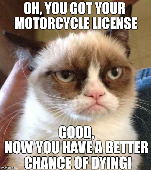 Grumpy Cat Motorcycle license reaction | OH, YOU GOT YOUR MOTORCYCLE LICENSE; GOOD, NOW YOU HAVE A BETTER CHANCE OF DYING! | image tagged in memes,grumpy cat reverse,grumpy cat,death,motorcycle crash | made w/ Imgflip meme maker