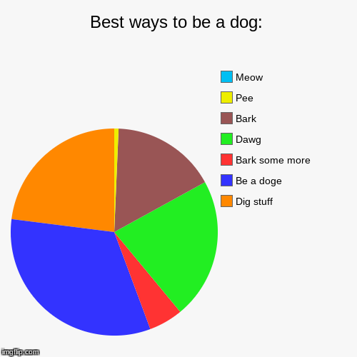 Best ways to be a dog: | Dig stuff, Be a doge, Bark some more, Dawg, Bark, Pee, Meow | image tagged in funny,pie charts | made w/ Imgflip chart maker