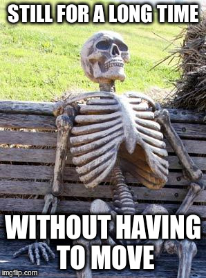 Waiting Skeleton Meme | STILL FOR A LONG TIME WITHOUT HAVING TO MOVE | image tagged in memes,waiting skeleton | made w/ Imgflip meme maker