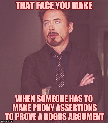 Face You Make Robert Downey Jr | THAT FACE YOU MAKE; WHEN SOMEONE HAS TO MAKE PHONY ASSERTIONS TO PROVE A BOGUS ARGUMENT | image tagged in memes,face you make robert downey jr | made w/ Imgflip meme maker