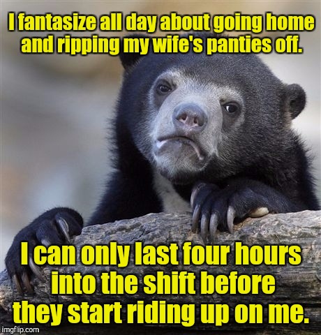 Confession Bear Meme | I fantasize all day about going home and ripping my wife's panties off. I can only last four hours into the shift before they start riding up on me. | image tagged in memes,confession bear | made w/ Imgflip meme maker