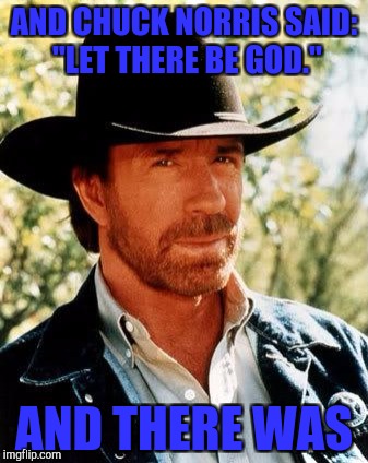 "Let there be god" | AND CHUCK NORRIS SAID: "LET THERE BE GOD."; AND THERE WAS | image tagged in memes,chuck norris,god | made w/ Imgflip meme maker