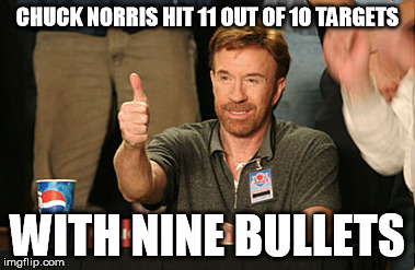 Chuck Norris Approves Meme | CHUCK NORRIS HIT 11 OUT OF 10 TARGETS; WITH NINE BULLETS | image tagged in memes,chuck norris approves,chuck norris | made w/ Imgflip meme maker