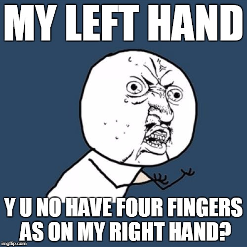 Y U No Meme | MY LEFT HAND; Y U NO HAVE FOUR FINGERS AS ON MY RIGHT HAND? | image tagged in memes,y u no | made w/ Imgflip meme maker