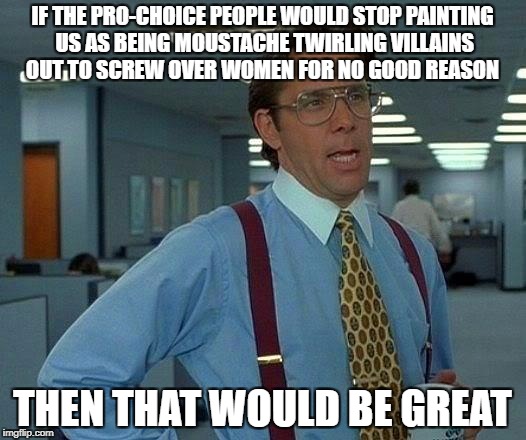 That Would Be Great Meme | IF THE PRO-CHOICE PEOPLE WOULD STOP PAINTING US AS BEING MOUSTACHE TWIRLING VILLAINS OUT TO SCREW OVER WOMEN FOR NO GOOD REASON; THEN THAT WOULD BE GREAT | image tagged in memes,that would be great,politics | made w/ Imgflip meme maker