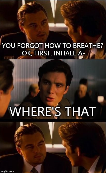 Inception Meme | YOU FORGOT HOW TO BREATHE? OK, FIRST, INHALE A-; WHERE'S THAT | image tagged in memes,inception | made w/ Imgflip meme maker
