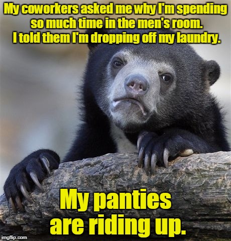 Confession Bear Meme | My coworkers asked me why I'm spending so much time in the men's room. I told them I'm dropping off my laundry. My panties are riding up. | image tagged in memes,confession bear | made w/ Imgflip meme maker