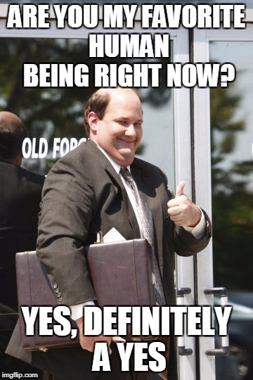 Kevin Malone | ARE YOU MY FAVORITE HUMAN BEING RIGHT NOW? YES, DEFINITELY A YES | image tagged in kevin malone | made w/ Imgflip meme maker