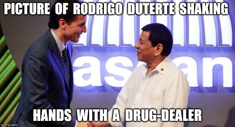 PICTURE  OF  RODRIGO  DUTERTE  SHAKING; HANDS  WITH  A  DRUG-DEALER | image tagged in trudeau and duterte shaking hands,drug dealer,trudeau drug dealer | made w/ Imgflip meme maker