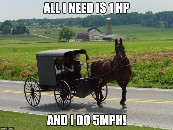 Amish Peeps | ALL I NEED IS 1 HP; AND I DO 5MPH! | image tagged in amish peeps | made w/ Imgflip meme maker