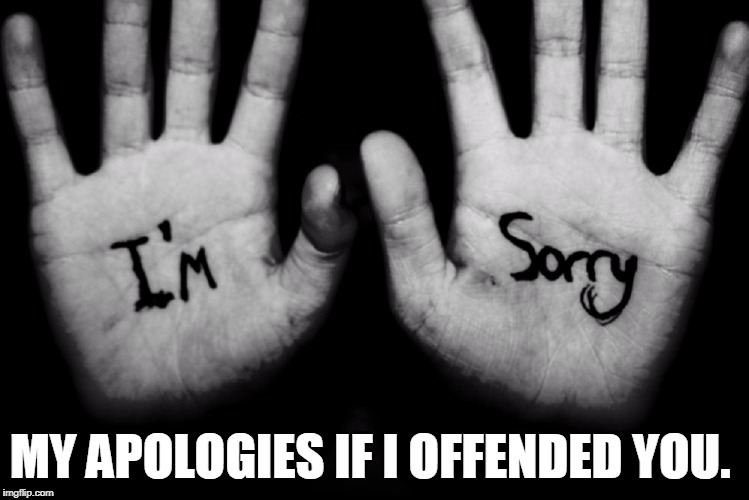 Apology | MY APOLOGIES IF I OFFENDED YOU. | image tagged in vince vance,palms of hands | made w/ Imgflip meme maker