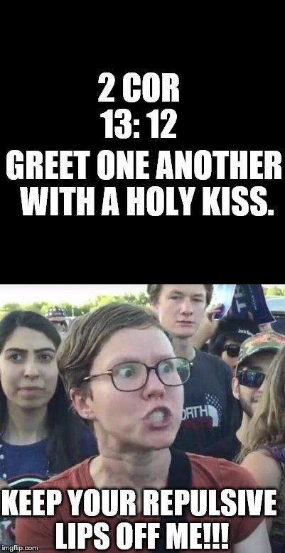 2 COR 13: 12; GREET ONE ANOTHER WITH A HOLY KISS. KEEP YOUR REPULSIVE LIPS OFF ME!!! | image tagged in feminist,kiss | made w/ Imgflip meme maker