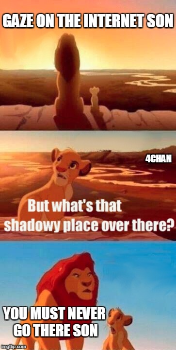 Simba Shadowy Place Meme | GAZE ON THE INTERNET SON; 4CHAN; YOU MUST NEVER GO THERE SON | image tagged in memes,simba shadowy place | made w/ Imgflip meme maker