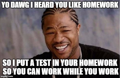 Homework sucks | YO DAWG I HEARD YOU LIKE HOMEWORK; SO I PUT A TEST IN YOUR HOMEWORK SO YOU CAN WORK WHILE YOU WORK | image tagged in memes,yo dawg heard you,homework | made w/ Imgflip meme maker