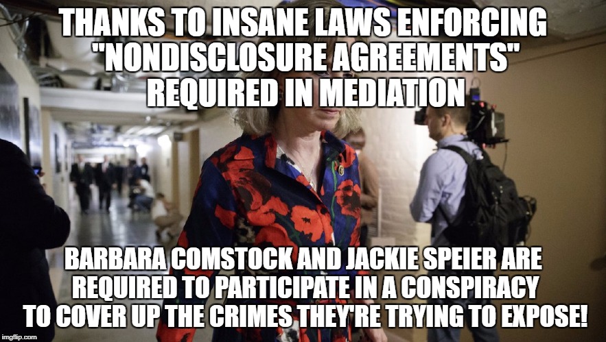 Non-disclosure laws mandate participation in conspiracies! | THANKS TO INSANE LAWS ENFORCING "NONDISCLOSURE AGREEMENTS" REQUIRED IN MEDIATION; BARBARA COMSTOCK AND JACKIE SPEIER ARE REQUIRED TO PARTICIPATE IN A CONSPIRACY TO COVER UP THE CRIMES THEY'RE TRYING TO EXPOSE! | image tagged in conspiracy,sexual harassment,politics | made w/ Imgflip meme maker