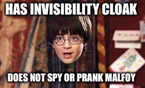 Harry Potter | HAS INVISIBILITY CLOAK; DOES NOT SPY OR PRANK MALFOY | image tagged in harry potter | made w/ Imgflip meme maker