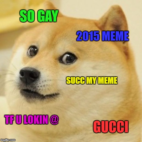 Doge Meme | SO GAY; 2015 MEME; SUCC MY MEME; TF U LOKIN @; GUCCI | image tagged in memes,doge | made w/ Imgflip meme maker