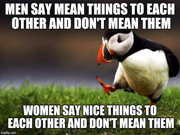 A difference when you're hanging with the boys or hanging with the girls | MEN SAY MEAN THINGS TO EACH OTHER AND DON'T MEAN THEM; WOMEN SAY NICE THINGS TO EACH OTHER AND DON'T MEAN THEM | image tagged in memes,unpopular opinion puffin | made w/ Imgflip meme maker