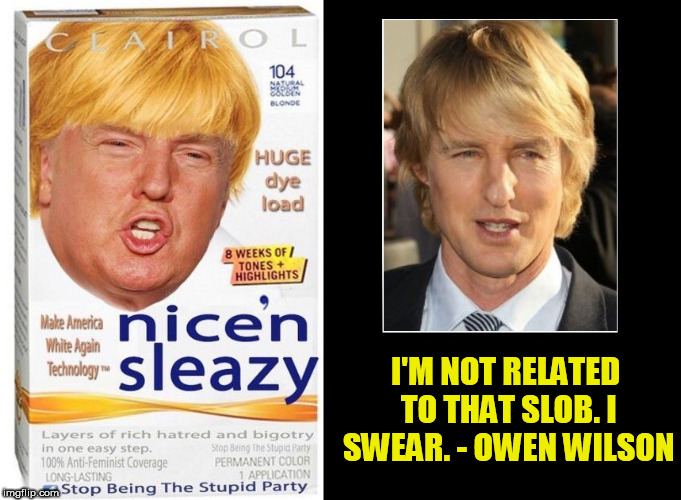 I'M NOT RELATED TO THAT SLOB. I SWEAR. - OWEN WILSON | image tagged in dump trump,wilson,donald trump the clown,clown car republicans,orange trump,clown | made w/ Imgflip meme maker