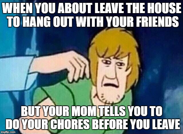 Scooby Doo Shaggy  | WHEN YOU ABOUT LEAVE THE HOUSE TO HANG OUT WITH YOUR FRIENDS; BUT YOUR MOM TELLS YOU TO DO YOUR CHORES BEFORE YOU LEAVE | image tagged in scooby doo shaggy | made w/ Imgflip meme maker