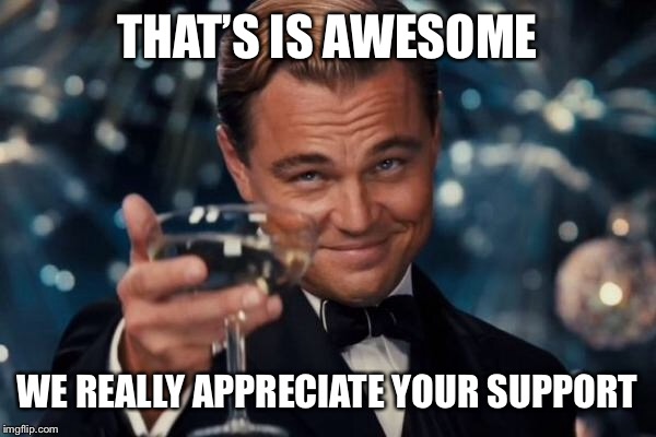 Leonardo Dicaprio Cheers Meme | THAT’S IS AWESOME WE REALLY APPRECIATE YOUR SUPPORT | image tagged in memes,leonardo dicaprio cheers | made w/ Imgflip meme maker