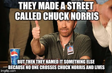 Chuck Norris Approves | THEY MADE A STREET CALLED CHUCK NORRIS; BUT THEN THEY NAMED IT SOMETHING ELSE BECAUSE NO ONE CROSSES CHUCK NORRIS AND LIVES | image tagged in memes,chuck norris approves,chuck norris | made w/ Imgflip meme maker