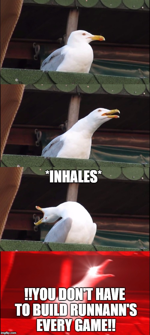 Inhaling Seagull Meme | *INHALES*; !!YOU DON'T HAVE TO BUILD RUNNANN'S EVERY GAME!! | image tagged in inhaling seagull | made w/ Imgflip meme maker